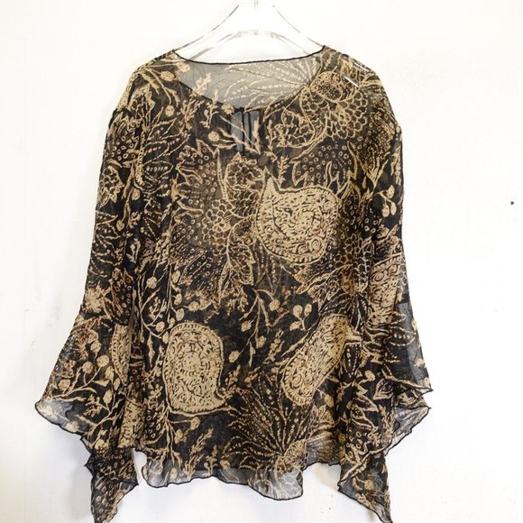 Womens Top Large Flared Ruffle‎ Tan Black Paisley Blouse Boho Hippie - Picture 11 of 12